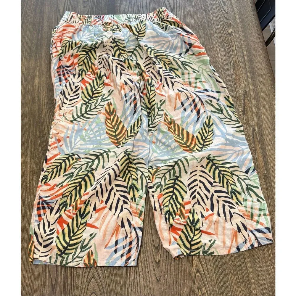 Tahari Womens Linen Pants Wide Leg Tropical Leaf Print Multicolor Plus Size 1X